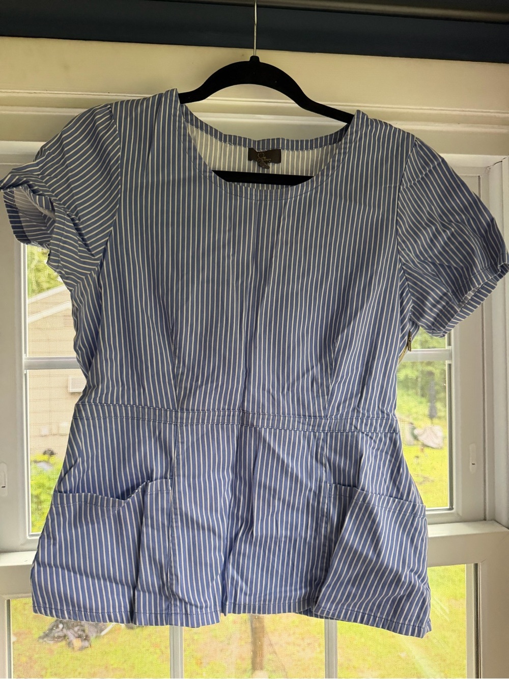 Jaanuu Blue and White Vertical Stripe Peplum Scrub Top